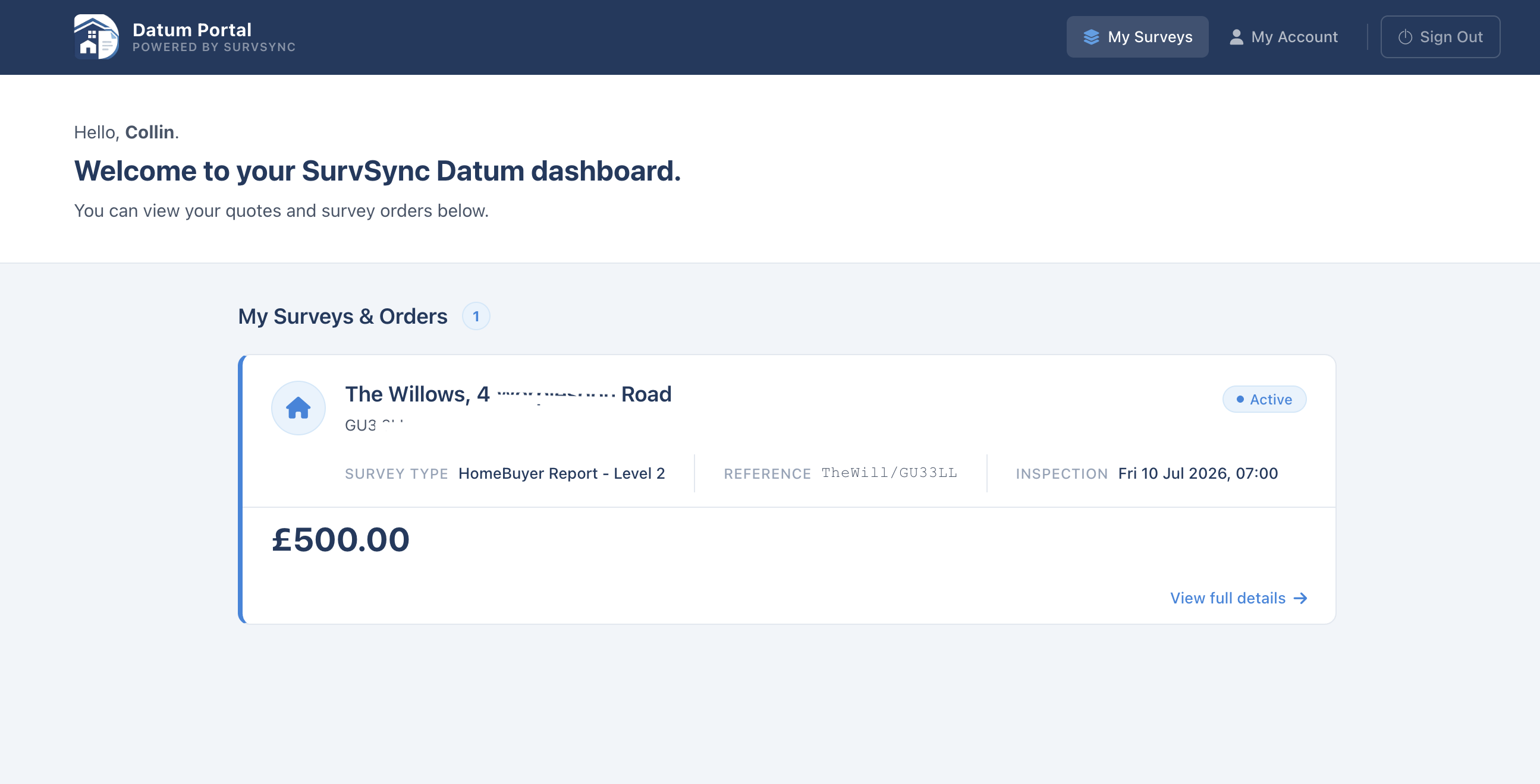 Datum client dashboard showing survey orders, inspection details and a link to the full instruction.