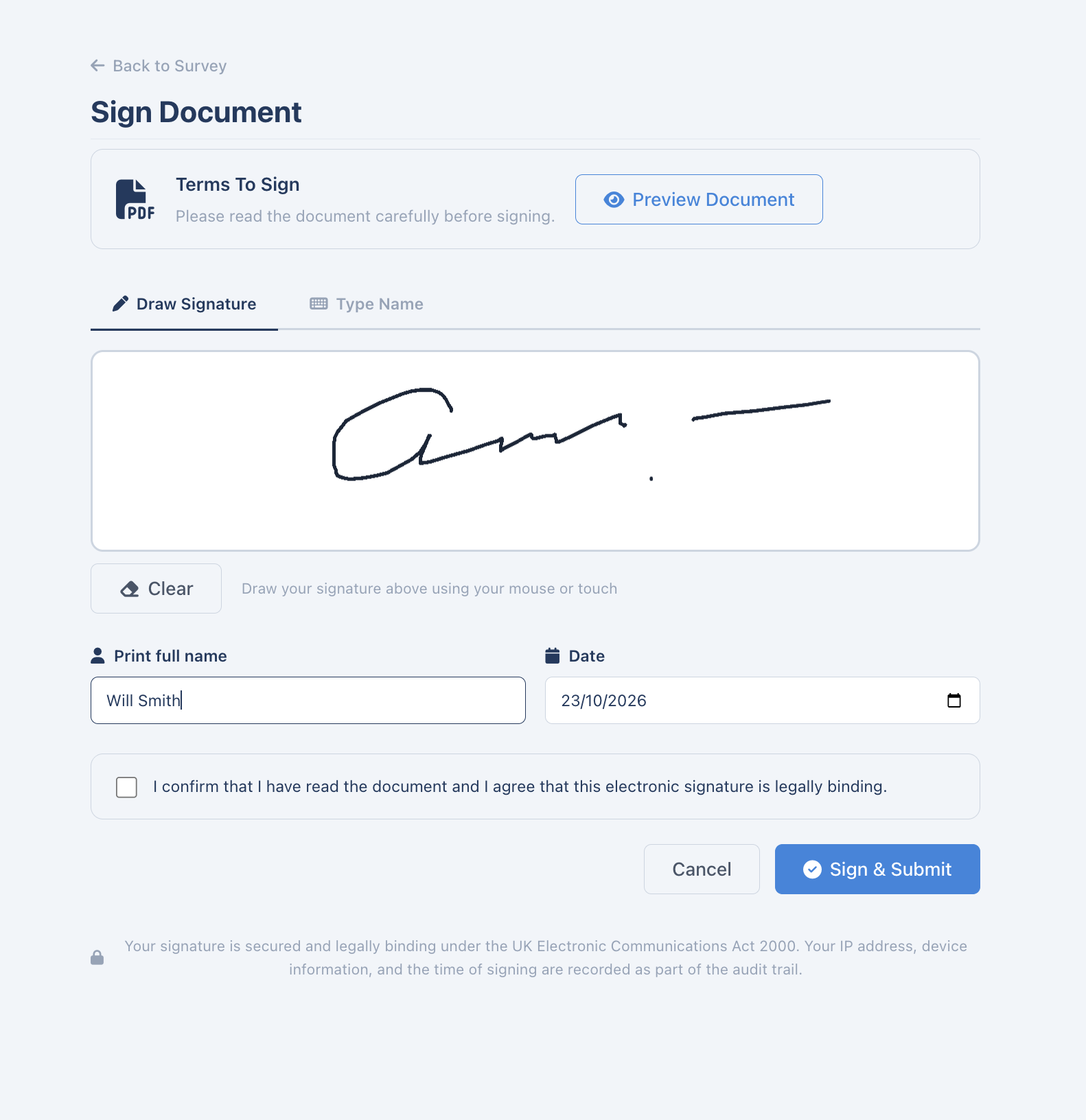 Datum document signing screen with document preview, signature entry and confirmation controls.