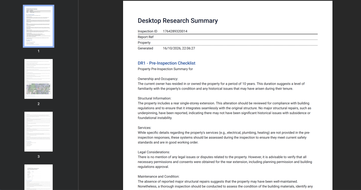 Desktop Research Summary PDF showing pre-inspection findings with document page thumbnails