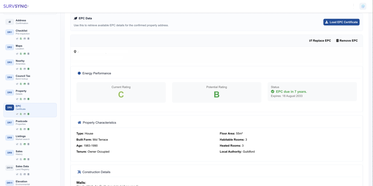 SurvSync Desktop Research displaying EPC ratings and property characteristics alongside its research navigation