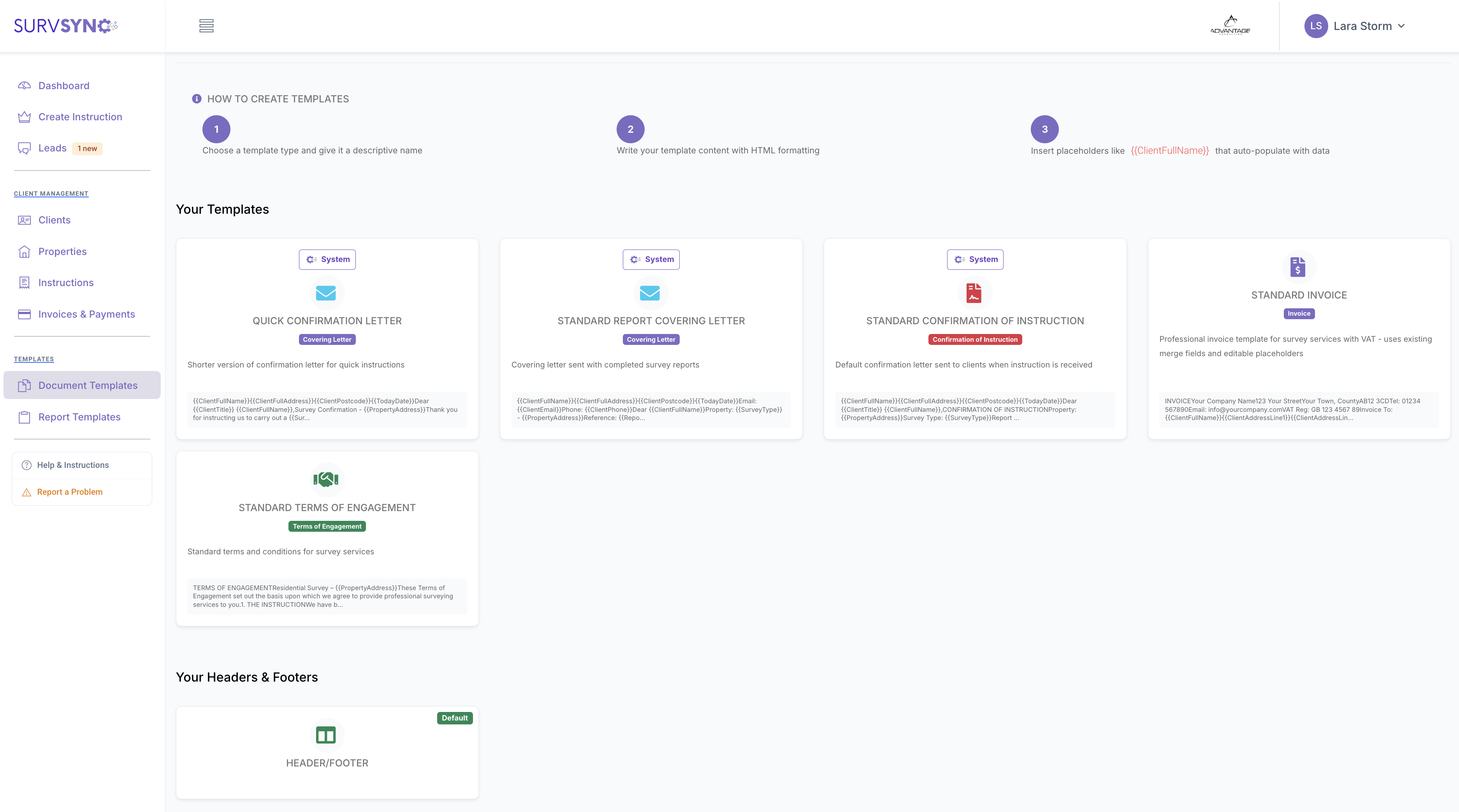 SurvSync Document Templates workspace for managing reusable client documents.
