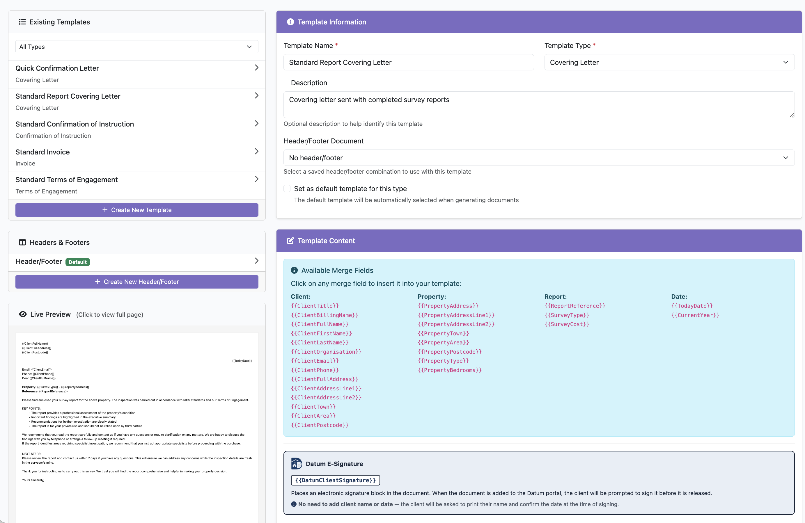 SurvSync workspace for preparing reusable document templates.
