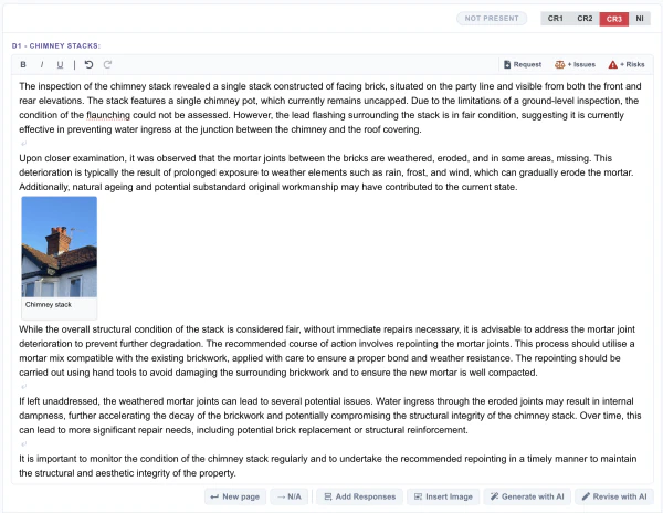 A chimney photograph inserted into the text of a report section.