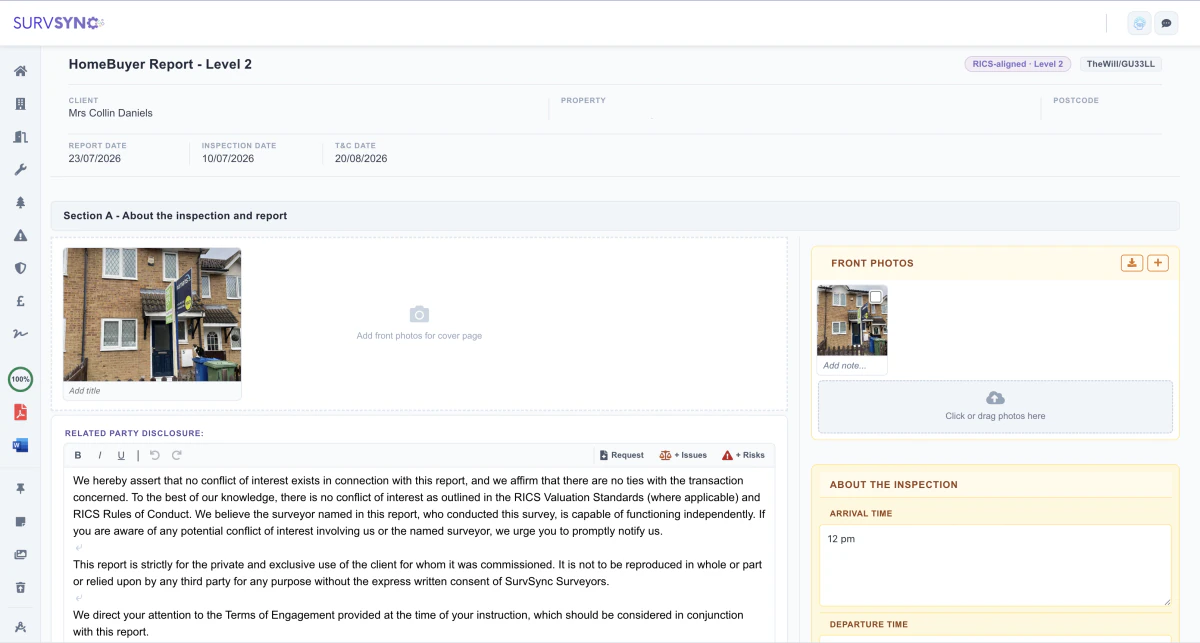 SurvSync Report Builder showing a Level 2 report section, photograph selection, text editing tools and inspection information alongside the report.