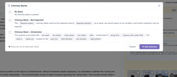 Reusable chimney stack responses with selectable Inline Options in the Report Builder.