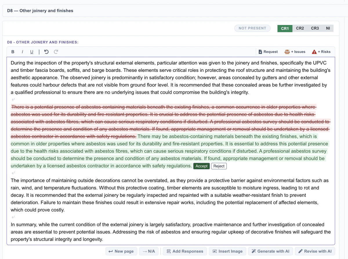 AI Copilot revision in the SurvSync Report Builder, showing removed wording in red, proposed wording in green and Accept and Reject controls.