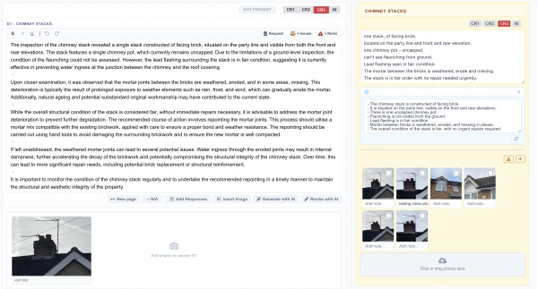A chimney stack report section alongside inspection notes, condition ratings and photographs.